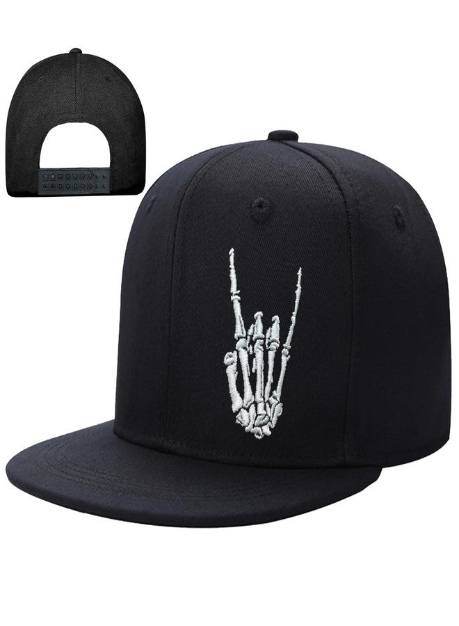 viofre Embroidery Flat Bill Brim Hats for Men Snapback Hats for Men Skeleton Skull Finger Hat Black Baseball Caps Mens Fitted Hats Adjustable Skateboard Snap Back Cap Dad Trucker Hat Hip Hop Mens Women - Image 1